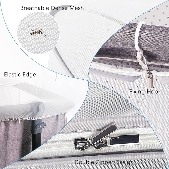 Akiky Bassinet Cover Mosquito Net with Two-Way Zippers Foldable Bassinet Bedside Sleeper Tent to Keep Cats/Bugs Out(White)
