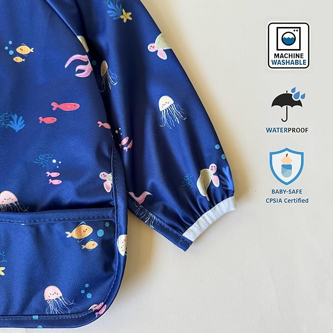 Waterproof Long Sleeve Bib – Machine Washable Baby Bibs for Eating – Baby Smock Bib for Toddler – BLW Supplies for Baby