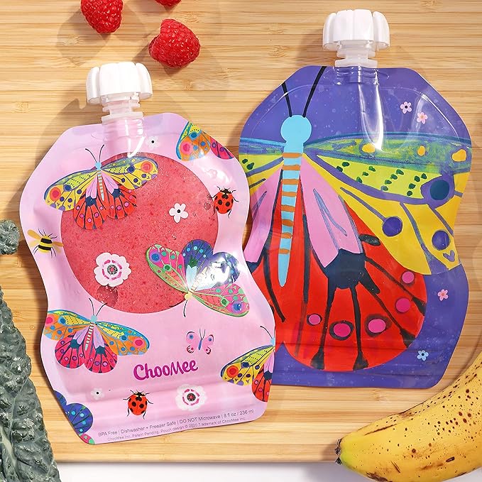 ChooMee Reusable Baby Food Storage Pouches | BPA Free Leakproof Toddler Squeeze Pouch for Smoothies, Purees & Baby Food | Refillable, Double Zipper, Easy Clean, Wide Bottom | 6CT, 8oz FlutterBug