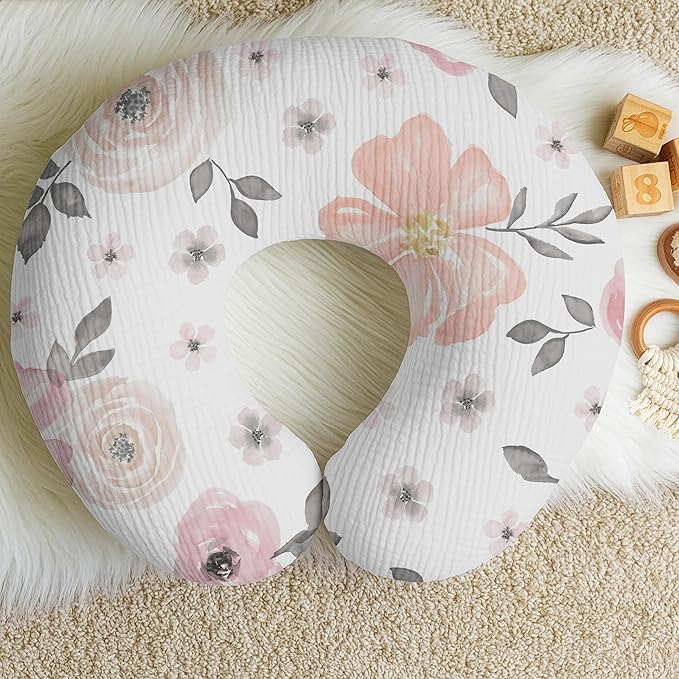 Sweet Jojo Designs Muslin Nursing Pillow Cover (Pink/Grey Watercolor Floral) for Baby Girls, Newborn, Infant 100% Cotton Breastfeeding Pillowcase - Pillow NOT Included (Shabby Chic, Boho, Farmhouse)