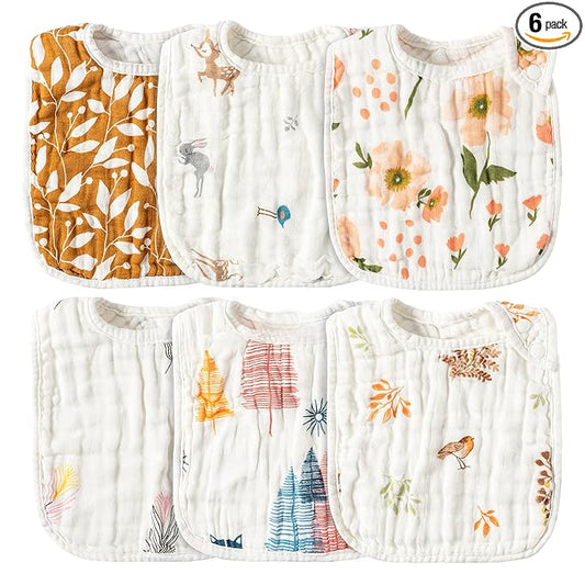 Zainpe 6Pcs Muslin Cotton Bibs for Baby Flower Bunny Deer Adjustable Machine Washable Neutral Burp Cloths with 6 Absorbent Soft Layers for Unisex Infant Newborn Toddler Drooling Feeding Teething