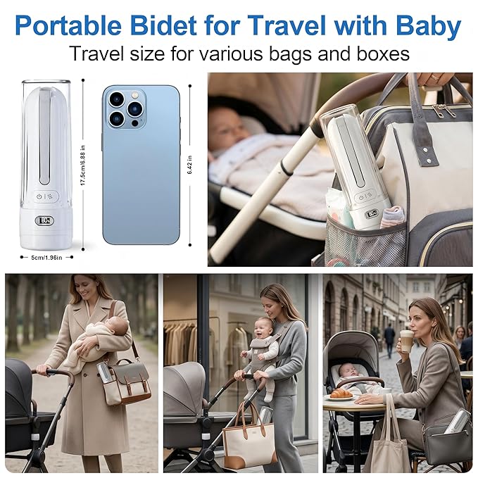 Portable Baby Bidet & Cloth Diaper Sprayer - Travel Irrigator for Baby Butt Cleaning, Rechargeable Handheld Sprayer, 28mm Bottle Compatible (White)