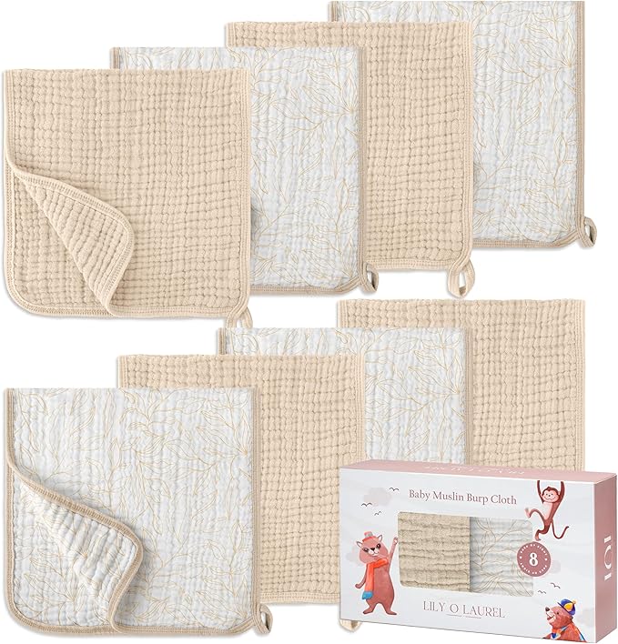 Muslin Burp Cloths, 20"x10"- Pack of 8, 6 Layers Super Soft Absorbent & Breathable 100% Cotton for Baby Drool and Messes, Burp Cloth Baby Boy and Burp Cloths Baby Girl
