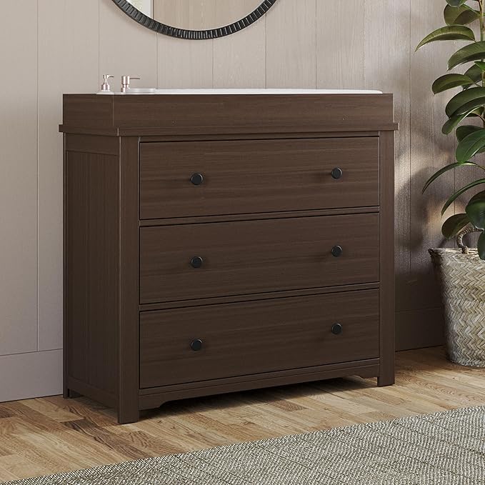 Child Craft Harmony 3-Drawer Dresser with Changing Table Topper, 38" W Nursery Dresser and Changing Station, Smooth Glides, Baby-Safe Finish, Brushed Truffle
