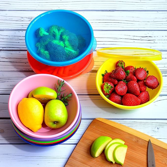 Youngever 32 Ounce Plastic Bowls with Lids, Large Cereal Bowls, Large Soup Bowls, Food Storage Containers, Set of 9 in 9 Assorted Colors (Pack of 2)