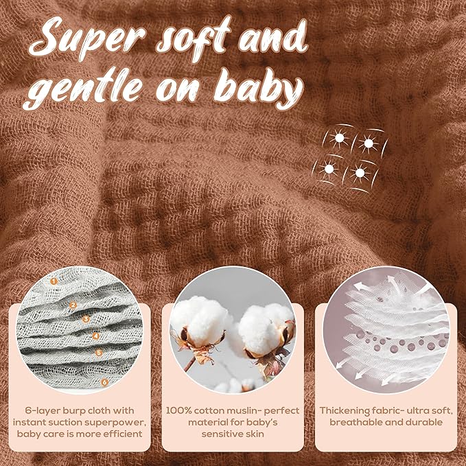 Muslin Burp Cloths, 20"x10"- Pack of 8, 6 Layers Super Soft Absorbent & Breathable 100% Cotton for Baby Drool and Messes, Burp Cloth Baby Boy and Burp Cloths Baby Girl