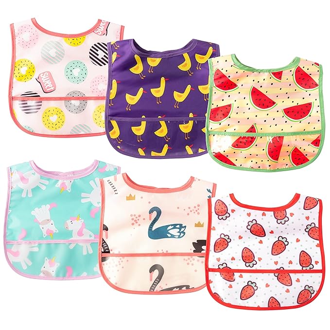 6Pcs Baby Feeding Bibs with Crumb Catcher Pocket Adjustable Waterproof Sleeveless Teething Bib Set Toddler Infant Keepsake Gift for Baby Shower, 6-24 Months