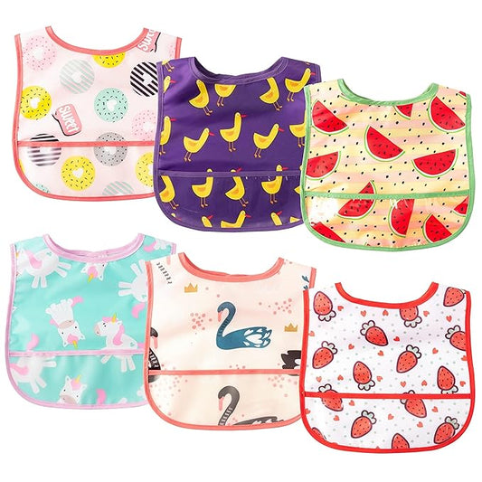 6Pcs Baby Feeding Bibs with Crumb Catcher Pocket Adjustable Waterproof Sleeveless Teething Bib Set Toddler Infant Keepsake Gift for Baby Shower, 6-24 Months