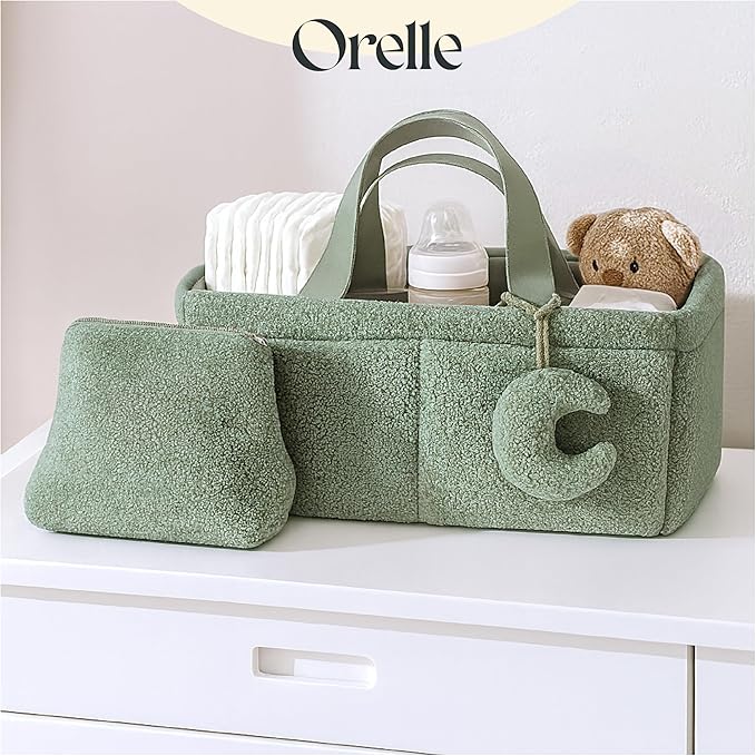 Orelle Bouclé Diaper Caddy Organizer with Matching Pouch & Moon Pendant | Teddy Portable Changing Table Organizer | Sage Green Diaper Caddy | Must-Have Baby Shower Gifts | Sage Green