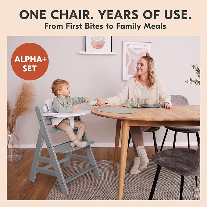 hauck Adjustable Wooden High Chair for Babies and Toddlers - Includes Baby Insert, Tray & Safety Harness - Grows with Child up to 198 lbs - Gray
