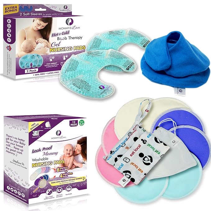 Nursing Mom Basic Kit - Gel Nursing Pads for Hot and Cold Breast Therapy + Washable Organic Nursing Pads with Daytime and Overnight Protection
