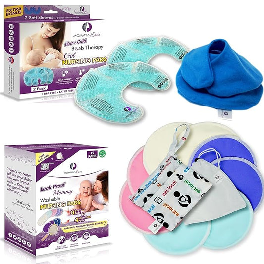 Nursing Mom Basic Kit - Gel Nursing Pads for Hot and Cold Breast Therapy + Washable Organic Nursing Pads with Daytime and Overnight Protection