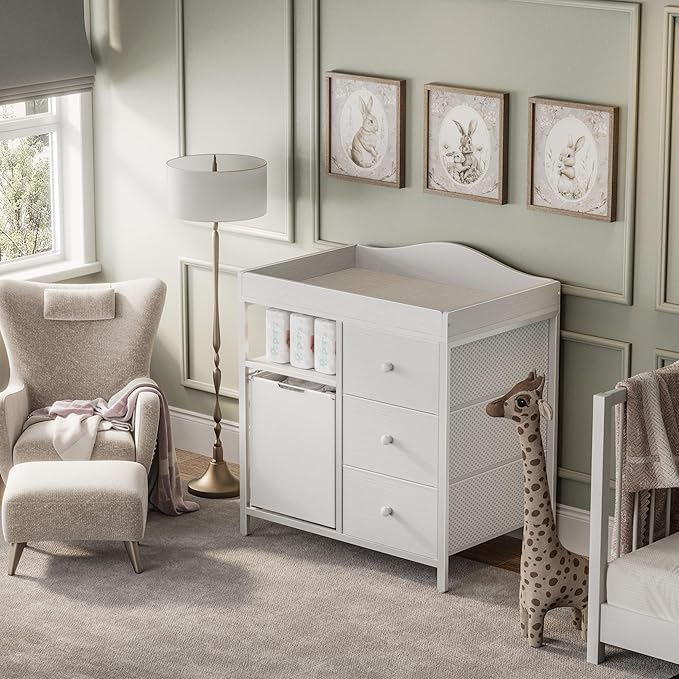BOLUO White Changing Table with 3 Fabric Drawers and Laundry Hamper, Baby Dresser with Changing Table Top, Nursery Diaper Changing Station with Storage Modern