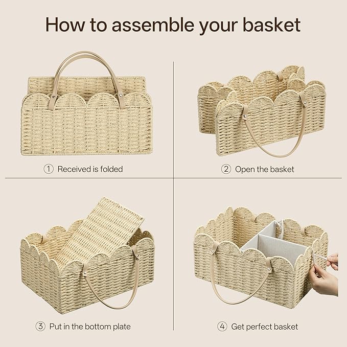 Angelhood Scalloped Paper Rope Diaper Caddy, Woven Floral Baby Diaper Organizer with Dividers for Changing Table, Nursery & Car Portable Baby Gift Basket