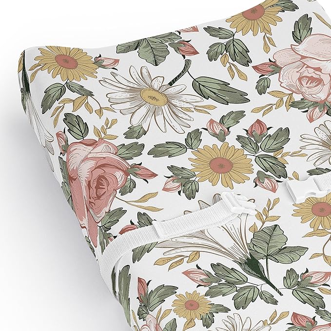 Sweet Jojo Designs Blush Pink Yellow Vintage Floral Boho Girl Baby Changing Pad Cover Sheet Infant Newborn Diaper Change Mat Cover Green White Bohemian Shabby Chic Farmhouse Leaf Rose Leaves Flower