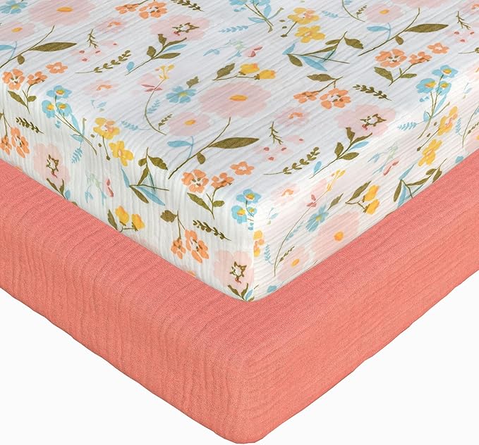2-Pack Muslin Pack and Play Sheets Fitted, Cotton Muslin Mini Crib Sheets Girl, 27" x 39", Fits Graco Pack n Play Mattress, Playpen Sheets Pack n Play, Oeko-Tex (Floral Pink Pack n Play Sheets)