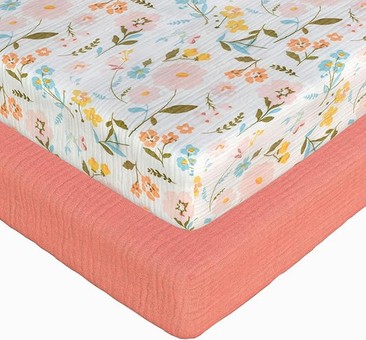 2-Pack Muslin Pack and Play Sheets Fitted, Cotton Muslin Mini Crib Sheets Girl, 27" x 39", Fits Graco Pack n Play Mattress, Playpen Sheets Pack n Play, Oeko-Tex (Floral Pink Pack n Play Sheets)