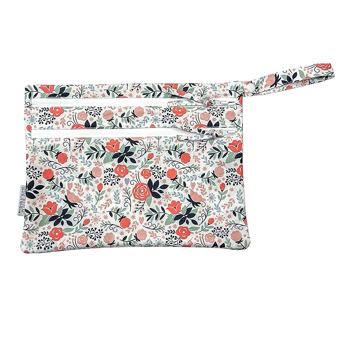 BapronBaby Vintage Rose Wet Dry Bag - Waterproof Two Zipper Pockets - Reusable for Mealtime, Diapers, Stroller, Snacks, Swimsuits - Machine Washable - 11" x 9"