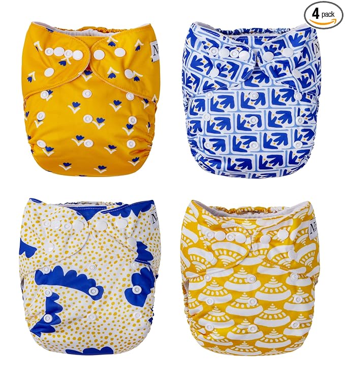 Nora's Nursery Cloth Pocket Diapers 4 Pack with 4 Inserts - Waterproof Cover, Washable, Reusable & One Size Adjustable Pocket Diapers for Newborns and Toddlers - Sicilian Summer