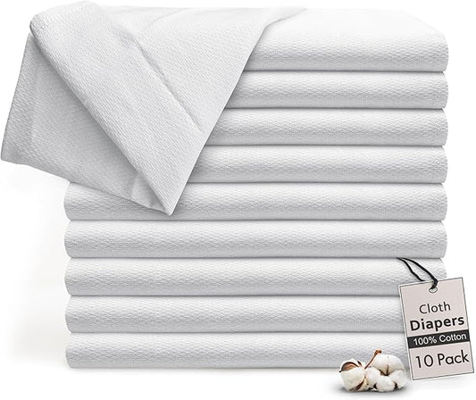 RUVANTI Unisex Birdseye Flat-Fold Cloth Diapers for Babies 10 Pack, 100% Cotton Reusable Diaper Inserts 23x23 Inches, White