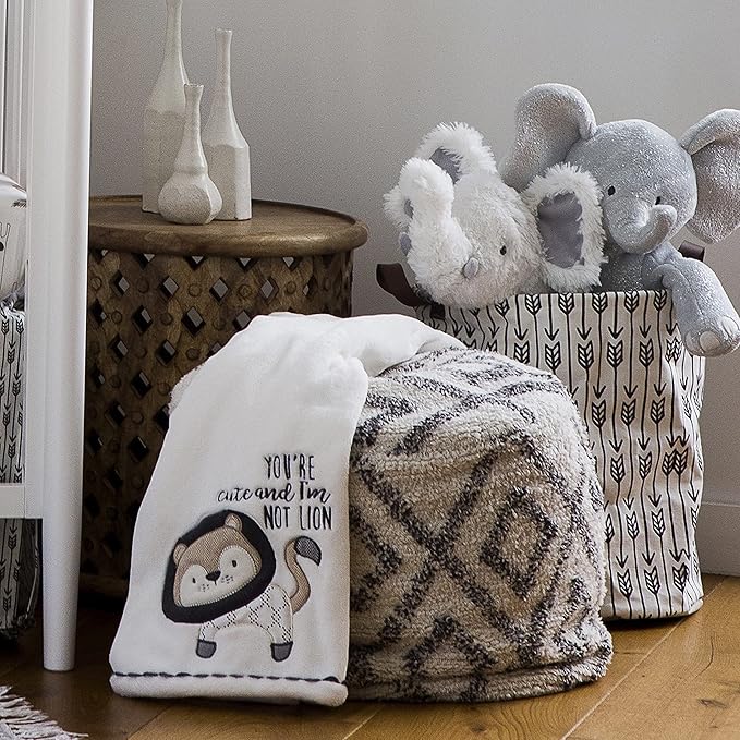 Levtex Baby - Tanzania Plush Blanket - Appliqued and Embroidered Lion on Cream Plush - You're Cute and I'm Not Lion - Cream, Tan and Charcoal - Nursery Accessories - Blanket Size: 30 x 40 in.