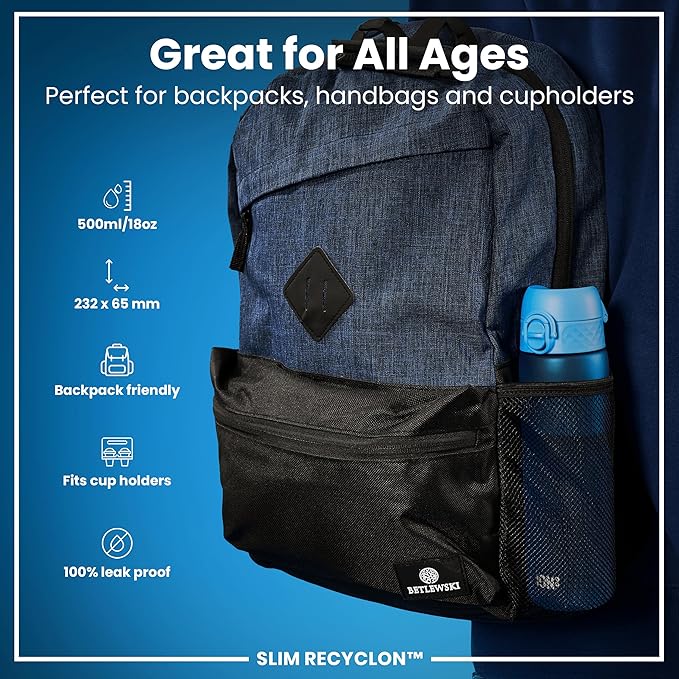 Ion8 Water Bottle, 500 ml/18 oz, Leak Proof, Easy to Open, Secure Lock, Dishwasher Safe, BPA Free, Hygienic Flip Cover, Carry Handle, Fits Cup Holders, Easy Clean, Odor Free, Carbon Neutral, Blue