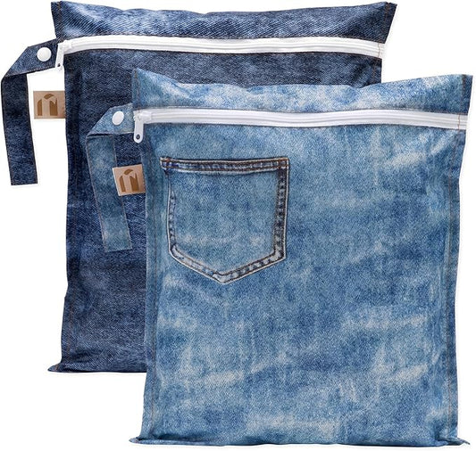 Bumkins Roamio - Waterproof Wet Bag - For Baby, Travel, Swim Suit, Cloth Diapers, Pump Parts, Pool, Gym, Toiletry, Strap to Stroller - Reusable & Easy to Clean - 2pk - Faux Pocket Patch Denim