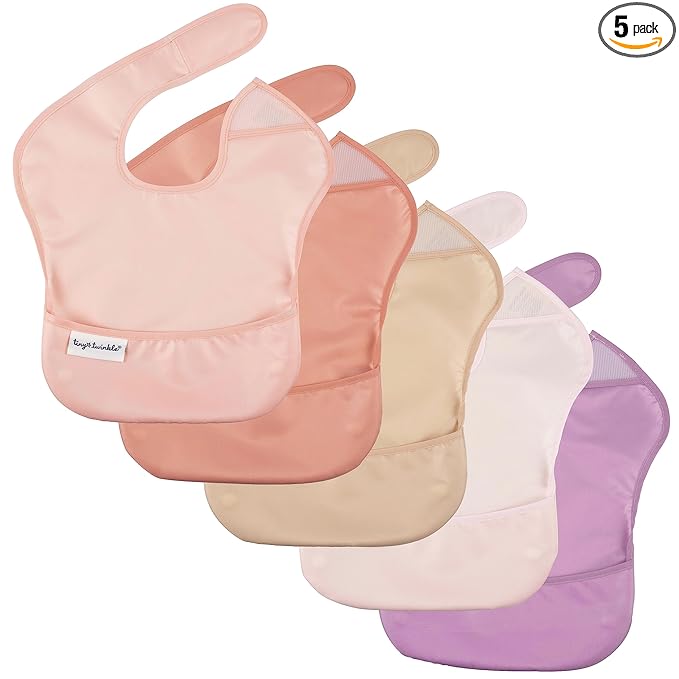Tiny Twinkle Mess-Proof Baby Bib - Waterproof Bib for Baby Boy or Girl - Machine Washable - Adjustable Closure - PVC, BPA & Phthalate Free - Great for Travel - Baby Food Bibs (5 Pack, Girl Spring)