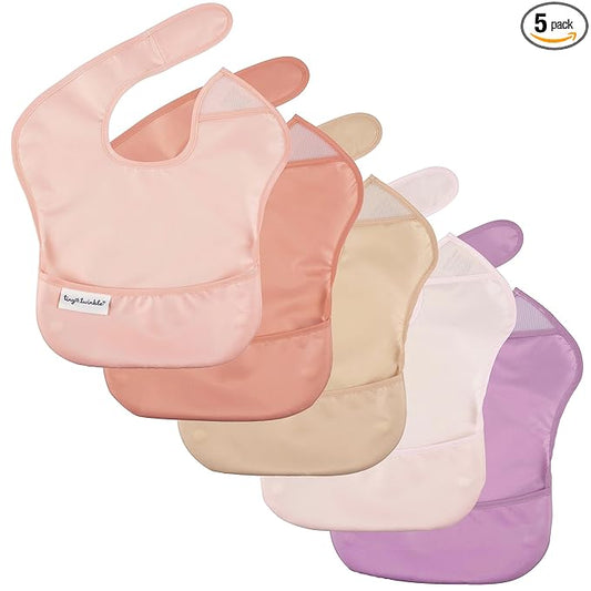 Tiny Twinkle Mess-Proof Baby Bib - Waterproof Bib for Baby Boy or Girl - Machine Washable - Adjustable Closure - PVC, BPA & Phthalate Free - Great for Travel - Baby Food Bibs (5 Pack, Girl Spring)