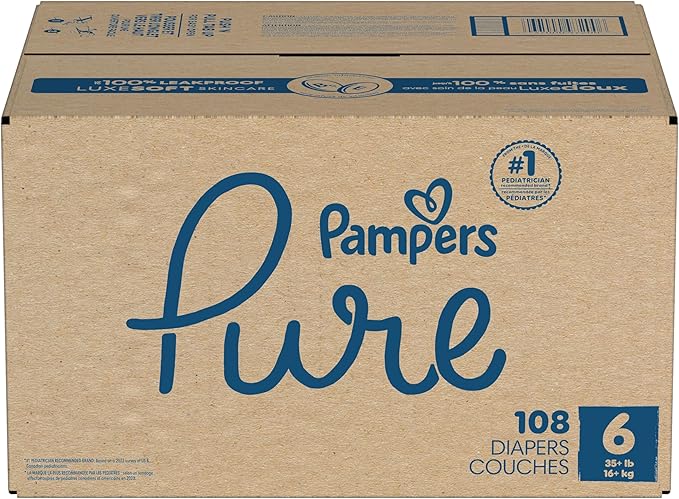 Pampers Pure Baby Diapers, Size 6 (35+ lbs), 108, Up to 100% Leakproof, Premium Hypoallergenic Soft Diapers