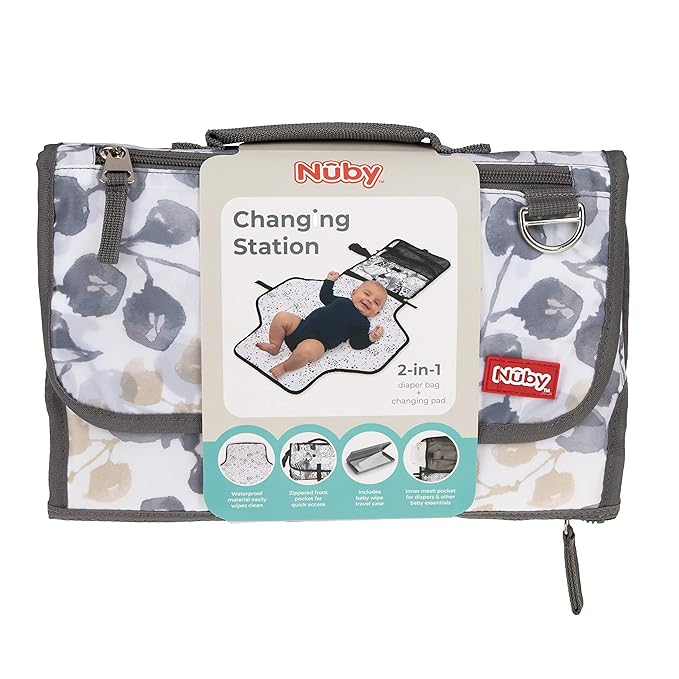 Nuby Portable Baby Changing Pad Station, Quick Wipe Clean Changing Mat with Built-in Pillow, Floral Print