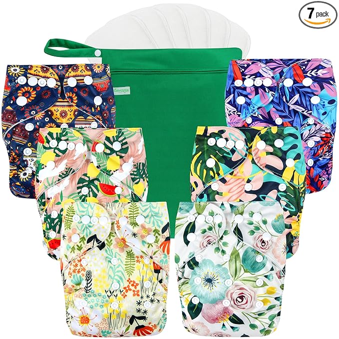 wegreeco Cloth Diapers 6 Pack with 6 Inserts & 1 Wet Bag, Washable Cloth Diapers for Babies, One Size Adjustable Reusable (Love, Flowers)