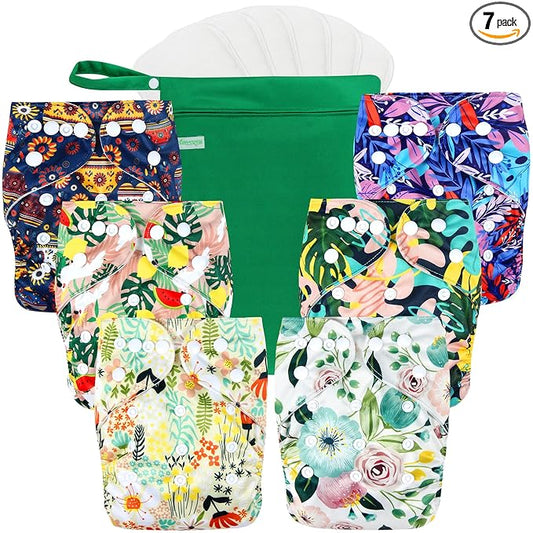 wegreeco Cloth Diapers 6 Pack with 6 Inserts & 1 Wet Bag, Washable Cloth Diapers for Babies, One Size Adjustable Reusable (Love, Flowers)