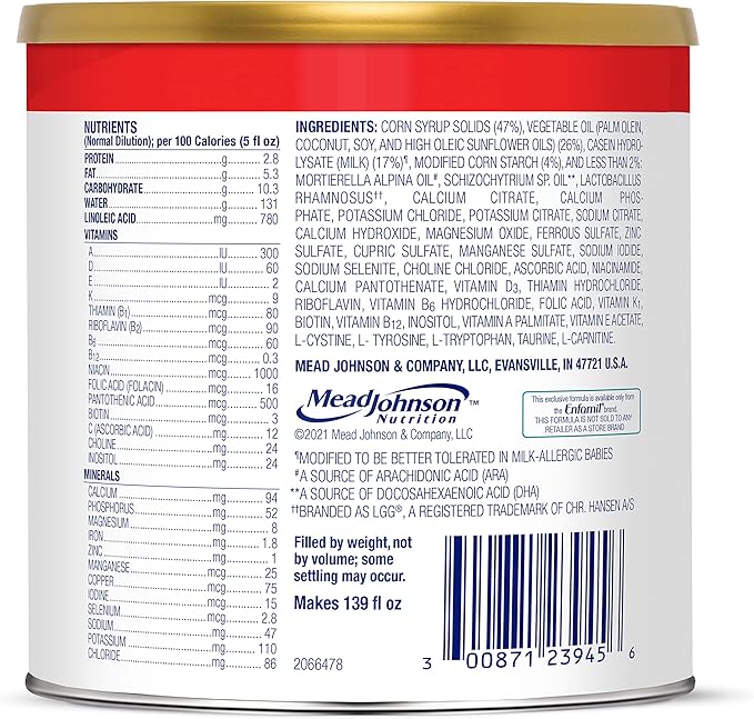 Enfamil Nutramigen Hypoallergenic Baby Formula with Iron, Lactose Free, Colic Relief from Cow's Milk Allergy Starts in 24 Hours, Brain Building DHA, Probiotic LGG for Immune Support, 19.8 Oz Can