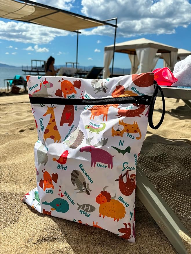 Waterproof Wet Bag 2-Pack, Reusable Leakproof Organizer for Swimwear, Cloth Diapers & Travel, 11.81 x 14.57 inch (Zoo)
