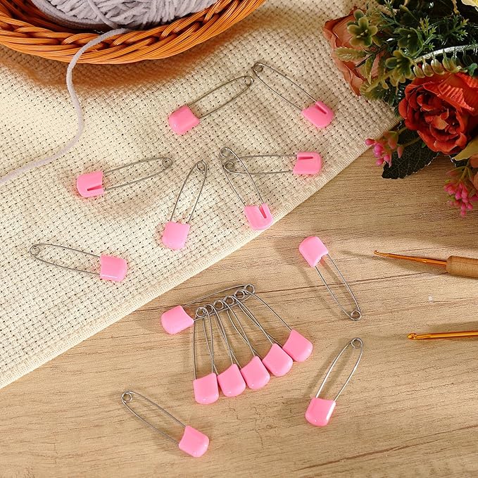 WILLBOND 100 Pcs Diaper Pins Safety 2.2 Inch Plastic Head Cloth Diaper Nappy Pins with Locking Closures Stainless Steel with Velvet Bag (Pink)