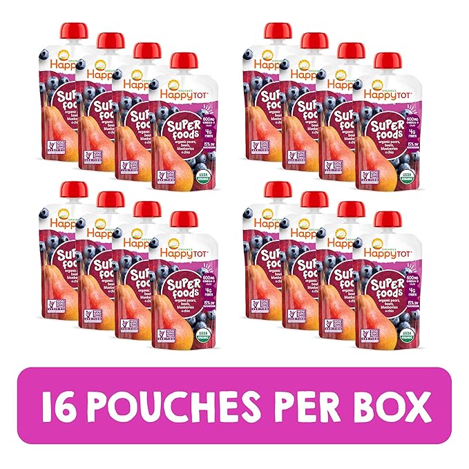 HAPPYTOT Organics Stage 4 Baby Food Pouches, Gluten Free, Vegan Snack, SuperFoods Fruit & Veggie Puree, Pears, Blueberries, Beets & Chia, 4.22 Ounce (Pack of 16)