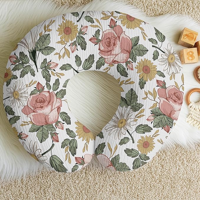 Sweet Jojo Designs 2-Piece Muslin Nursing Pillow Covers Set (Boho Vintage Floral) for Newborn Baby Girls 100% Cotton Breastfeeding Pillowcases - Pillow NOT Included (Shabby Chic, Bohemian, Farmhouse)