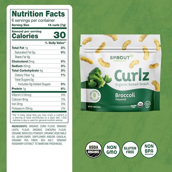 Sprout Organic Baby Food, Stage 4 Toddler Snacks, Broccoli Plant Power Curlz, 1.48 Ounce -Pack of 6 (Packaging May Vary)