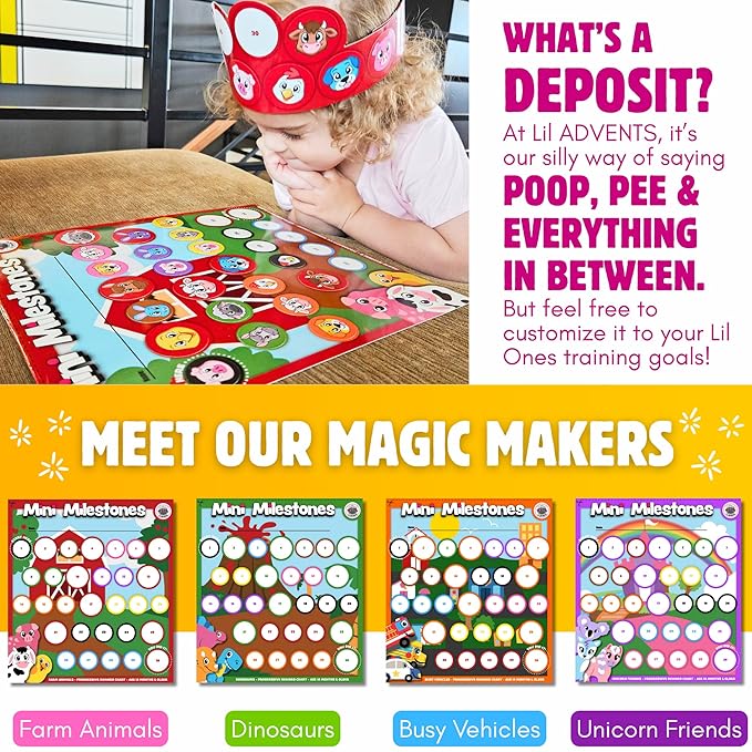 17PC Toddler Farm Animal Potty Training Chart Behavior Chart for Toddlers, Potty Chart, Toddler Reward Stickers, Reward Chart for Kids, Crown & Activity Board by LIL ADVENTS Mini Milestones + eBook