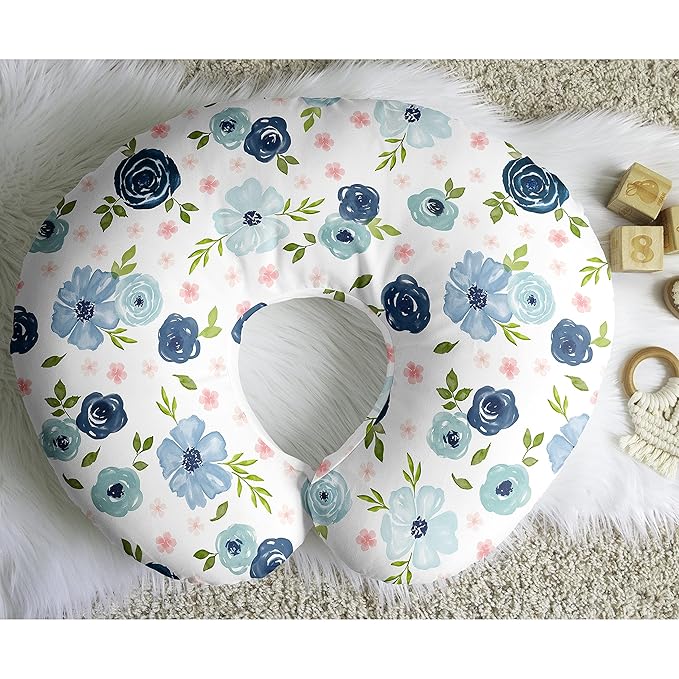 Sweet Jojo Designs Watercolor Floral Nursing Pillow Cover Breastfeeding Pillowcase for Newborn Infant Bottle Breast Feeding Pillow NOT Included Navy Blue Pink Boho Shabby Chic Rose Flower Farmhouse