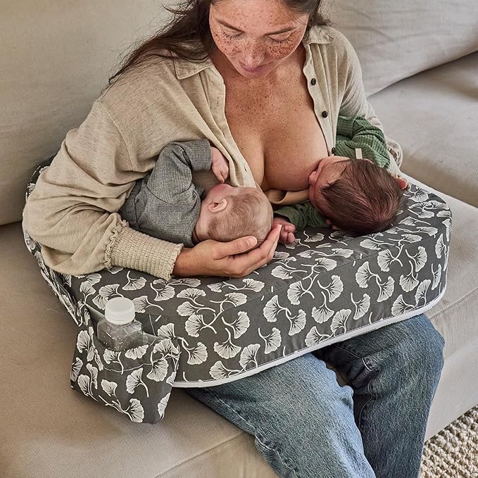 My Brest Friend Twin Nursing Pillow - Enhanced Comfort with Slipcover - Ergonomic Breastfeeding Pillow for Ultimate Support - Adjustable Nursing Pillow with Handy Side Pocket, Grey/Wht Flwg Fans
