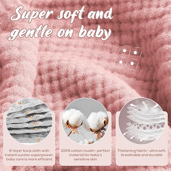 Muslin Burp Cloths, 20"x10"- Pack of 8, 6 Layers Super Soft Absorbent & Breathable 100% Cotton for Baby Drool and Messes, Burp Cloth Baby Boy and Burp Cloths Baby Girl