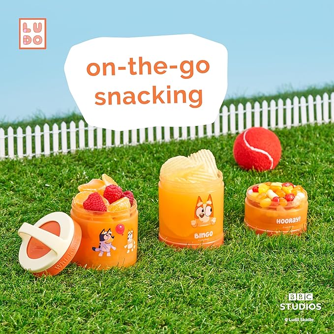 Whiskware Bluey Stackable Snack Containers for Kids and Toddlers, 3 Stackable Snack Cups for School and Travel, Bluey and Bingo, Hooray! (Pack of 1)