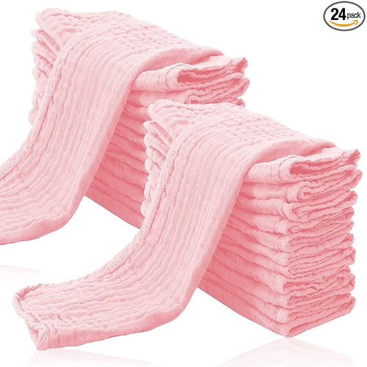Cute Castle 24 Pack Muslin Burp Cloths for Baby - Ultra-Soft 100% Cotton Baby Washcloths - Large 20'' by 10'' Super Absorbent Milk Spit Up Rags - Burpy Cloths for Unisex, Boy, Girl - Pink