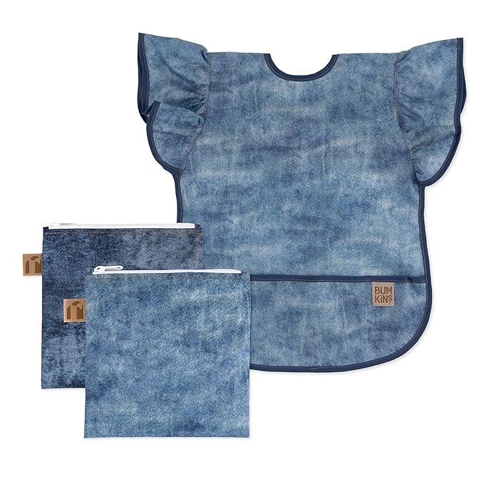Bumkins Ruffle Apron Bib and 2-pack Sandwich Bags, Waterproof Fabric, Faux Denim
