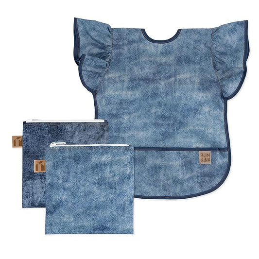 Bumkins Ruffle Apron Bib and 2-pack Sandwich Bags, Waterproof Fabric, Faux Denim