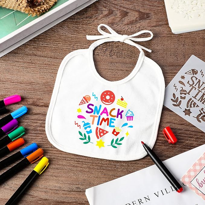 Jutom 38 Pcs DIY Baby Bibs Decorating Kit 14 Bibs 14 Stencils 10 Fabric Markers 2 Ply Feeder Design Bib for Shower Games
