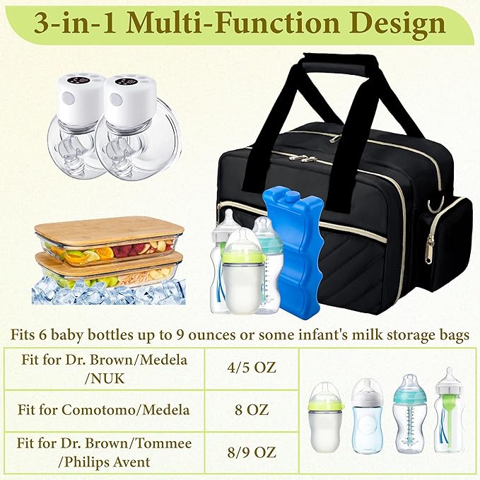 Breastmilk Cooler Bag with Ice Pack, Wearable Breast Pump Storage Bag, Insulated Bottle Travel Bag Compatible with Momcozy/Elvie/Willow, Fits 6 Baby Bottles up to 9 Ounce with Shoulder Strap, Black