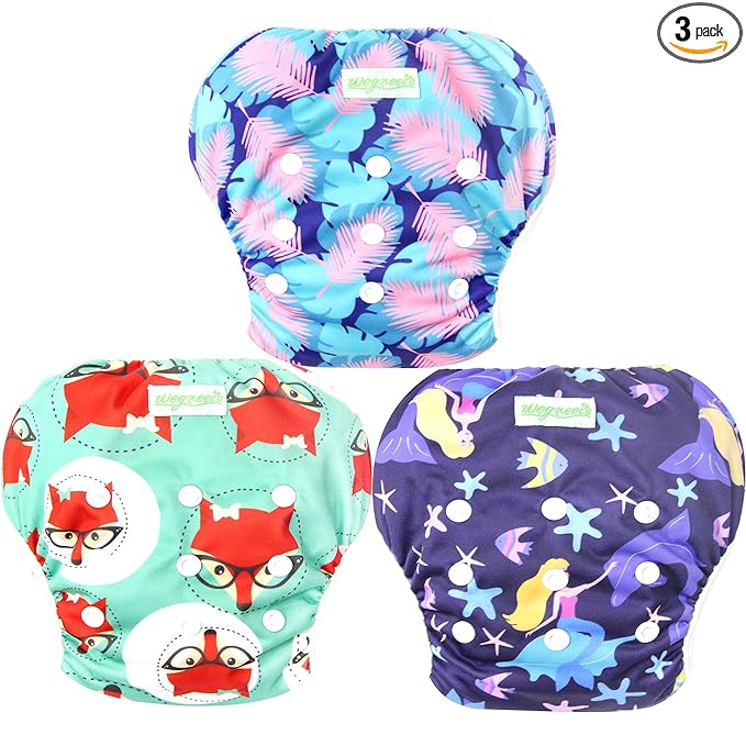 wegreeco Baby & Toddler Snap One Size Adjustable Reusable Baby Swim Diaper (Mermaid,Fox, Feather, Small, 3 Pack)
